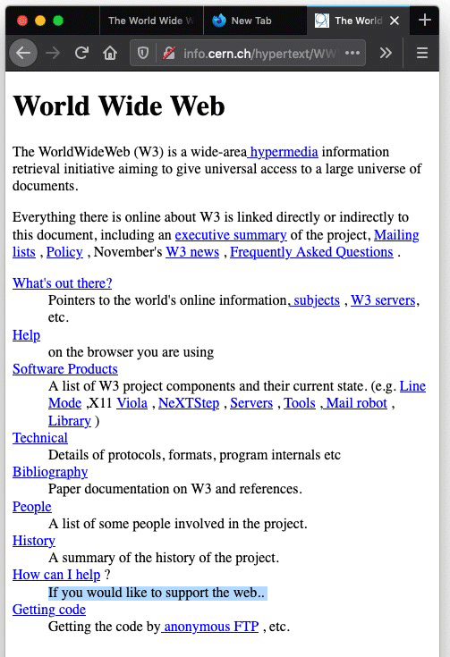 World Wide Web first webpage in narrowed view